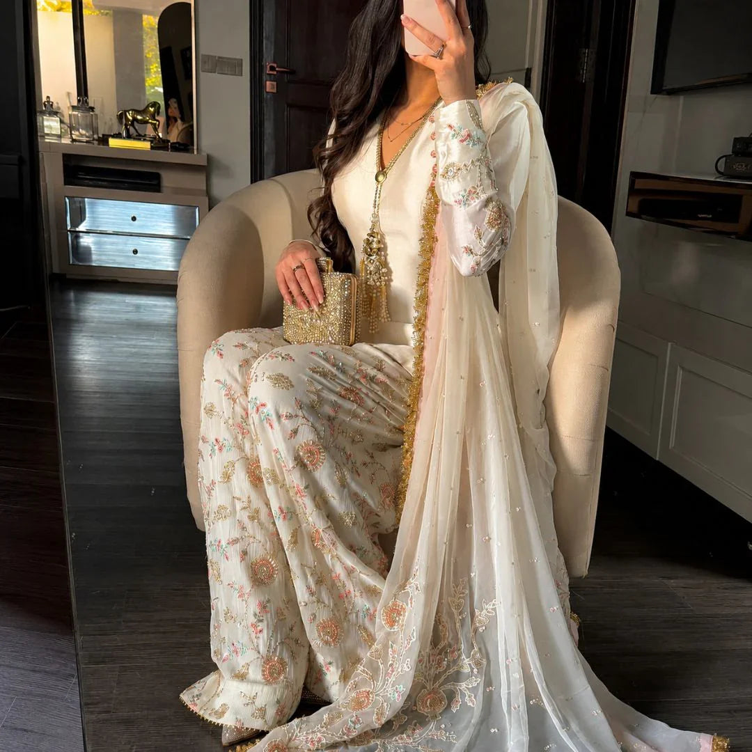 Premium Glass Satin Peplum Top & Embroidered Farshi Palazzo Set