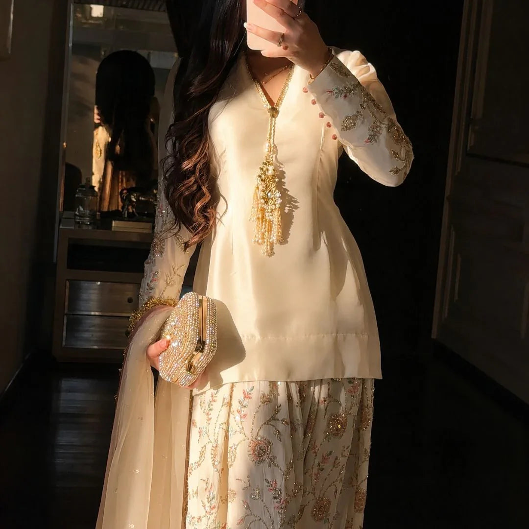 Premium Glass Satin Peplum Top & Embroidered Farshi Palazzo Set