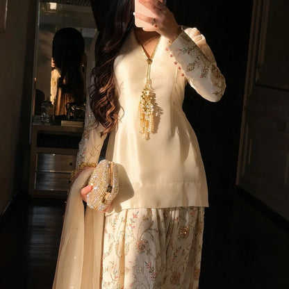 Premium Glass Satin Peplum Top & Embroidered Farshi Palazzo Set