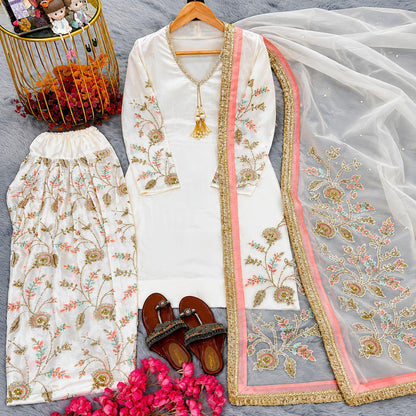 Premium Glass Satin Peplum Top & Embroidered Farshi Palazzo Set