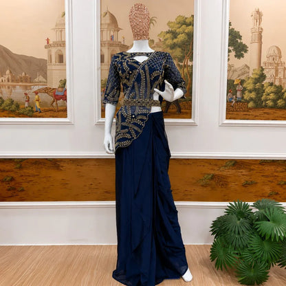 Premium Rangoli Silk Ready-to-Wear Draped Saree Set