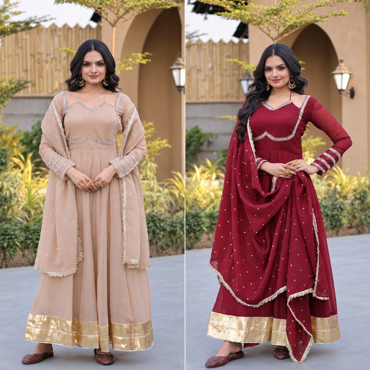 Silver Crunchy Full Flare Ethnic Gown Set with Rich Mirror Lace Dupatta