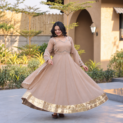 Silver Crunchy Full Flare Ethnic Gown Set with Rich Mirror Lace Dupatta
