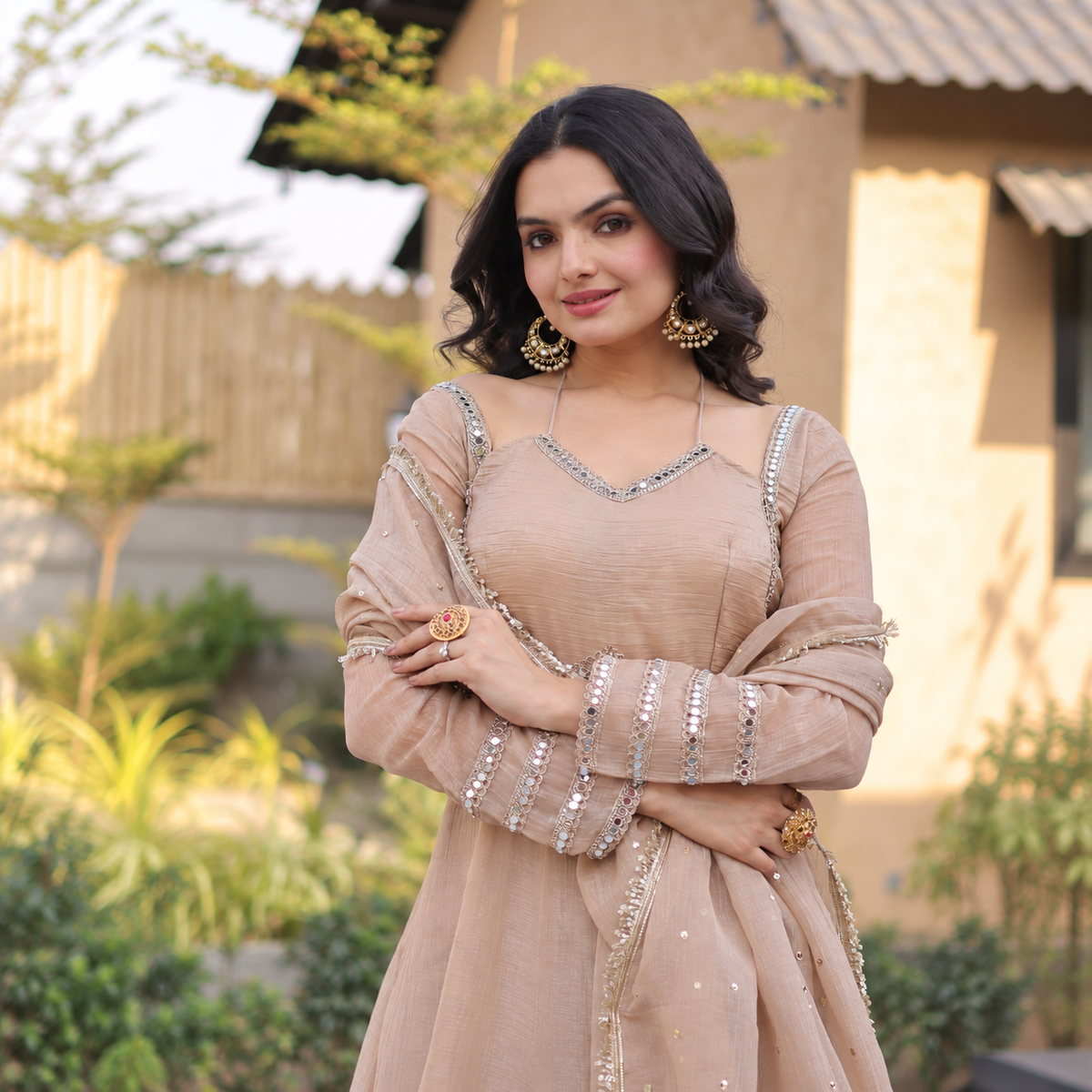 Silver Crunchy Full Flare Ethnic Gown Set with Rich Mirror Lace Dupatta