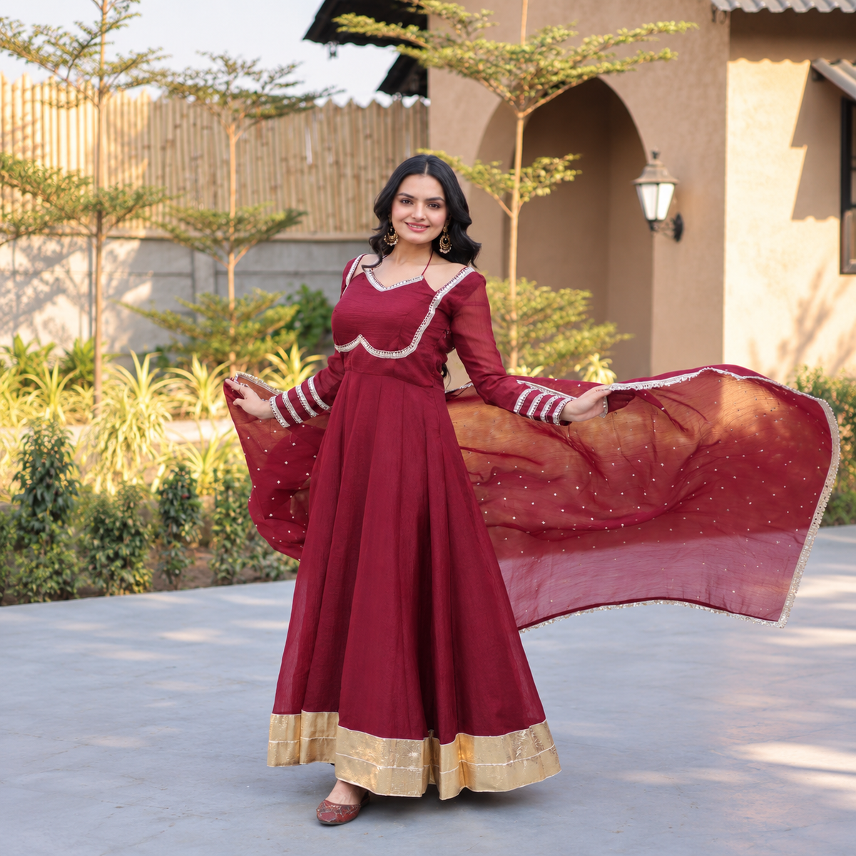Silver Crunchy Full Flare Ethnic Gown Set with Rich Mirror Lace Dupatta