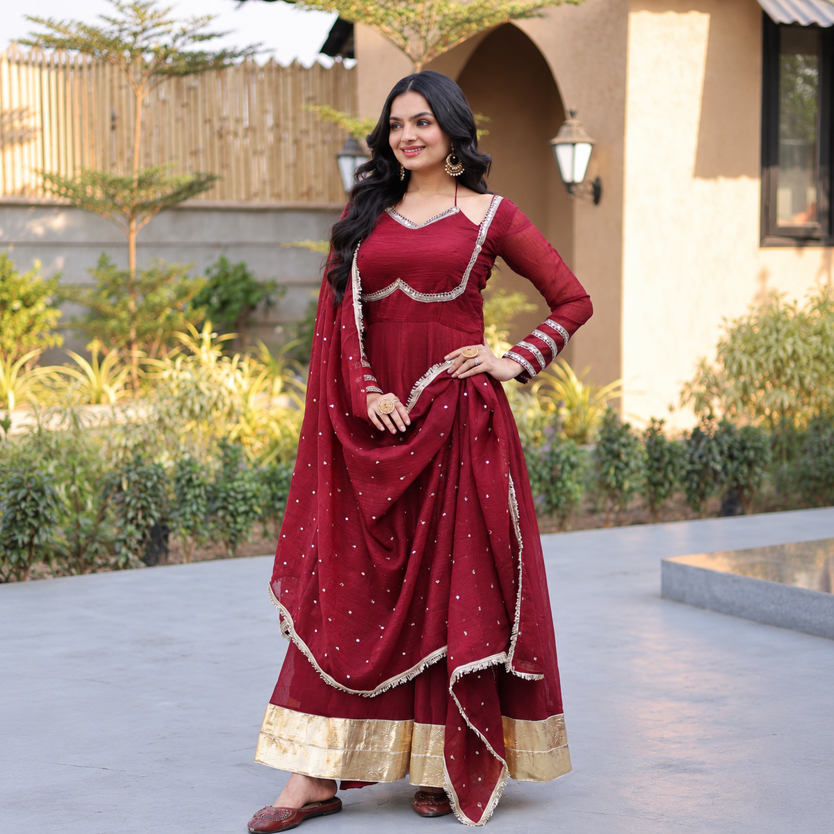 Silver Crunchy Full Flare Ethnic Gown Set with Rich Mirror Lace Dupatta