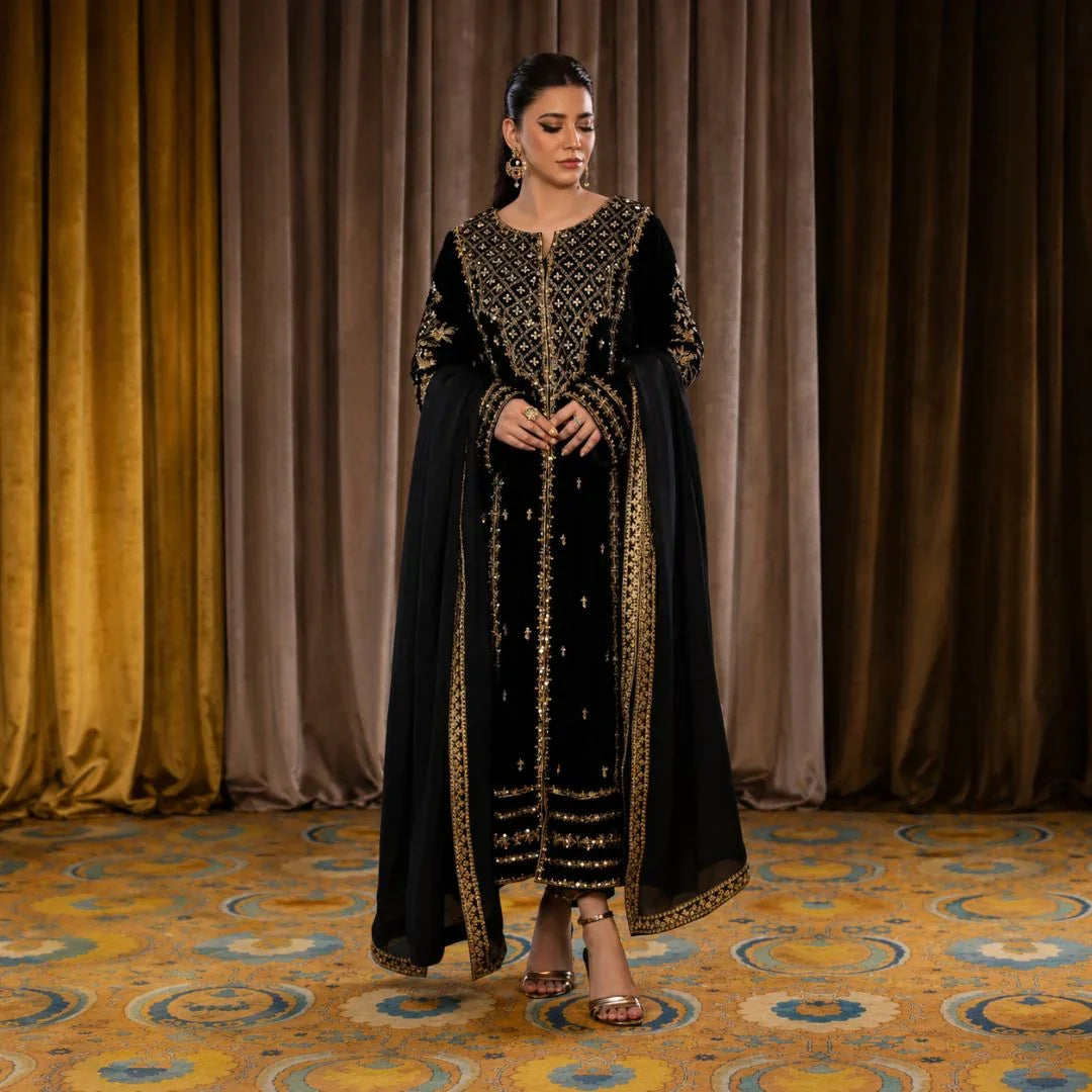 Premium Viscose Velvet Embroidered Kurta & Pant Set with Dupatta