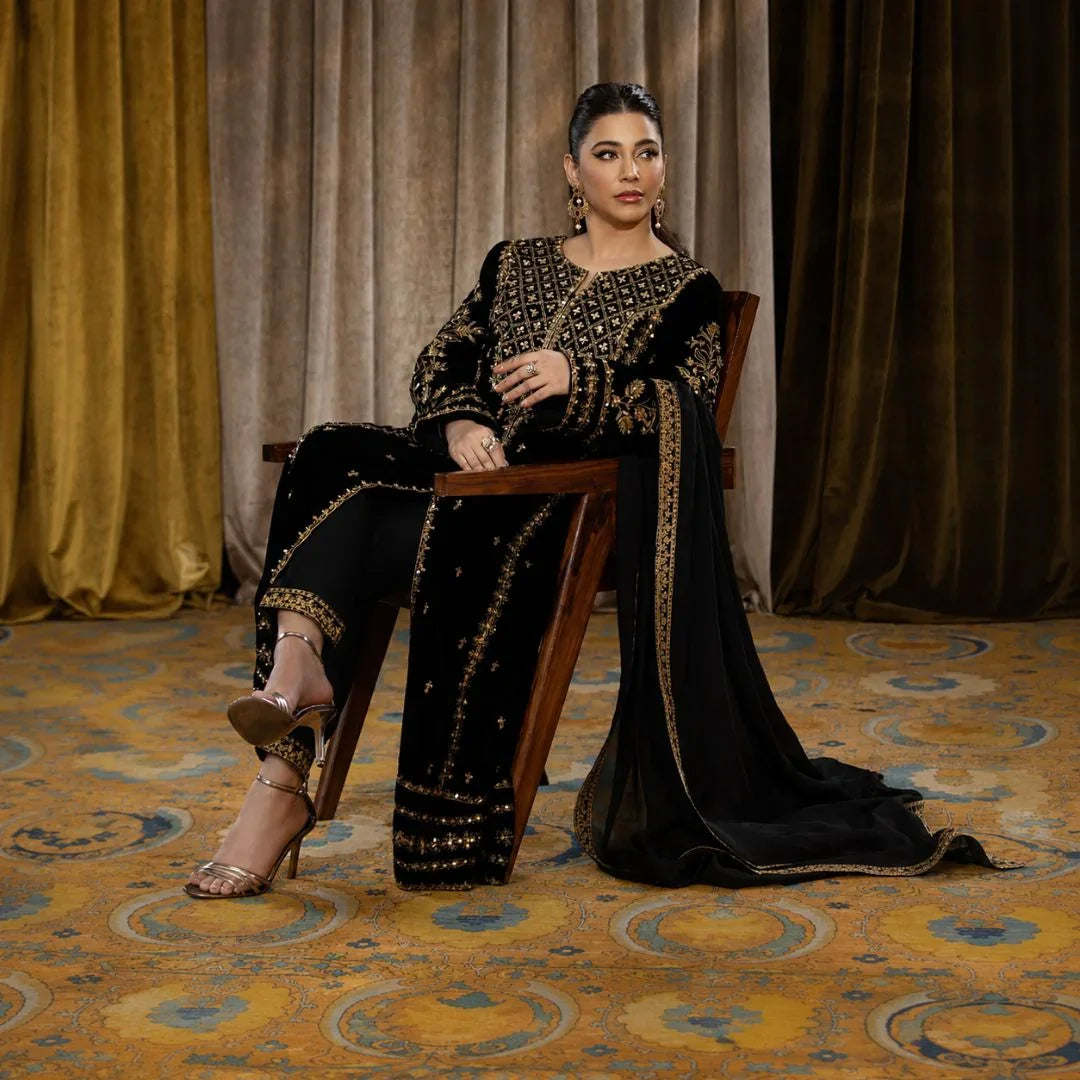 Premium Viscose Velvet Embroidered Kurta & Pant Set with Dupatta