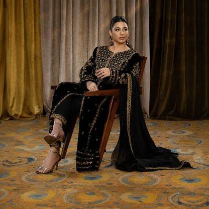 Premium Viscose Velvet Embroidered Kurta & Pant Set with Dupatta