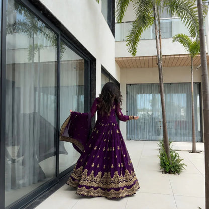 Premium Faux Blooming Silk Embroidered Gown with Sequined Dupatta Set