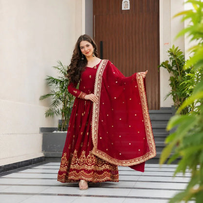 Premium Faux Blooming Silk Embroidered Gown with Sequined Dupatta Set