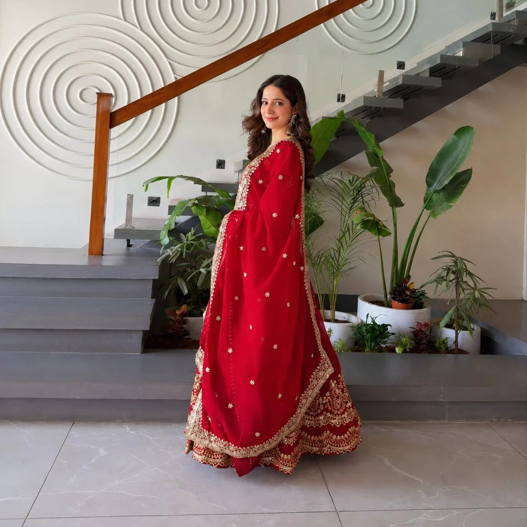 Premium Faux Blooming Silk Embroidered Gown with Sequined Dupatta Set