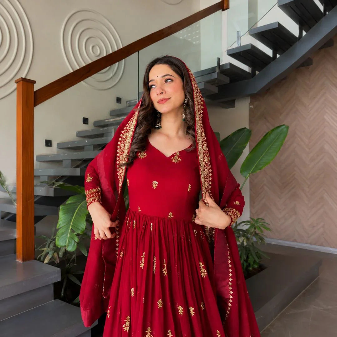 Premium Faux Blooming Silk Embroidered Gown with Sequined Dupatta Set