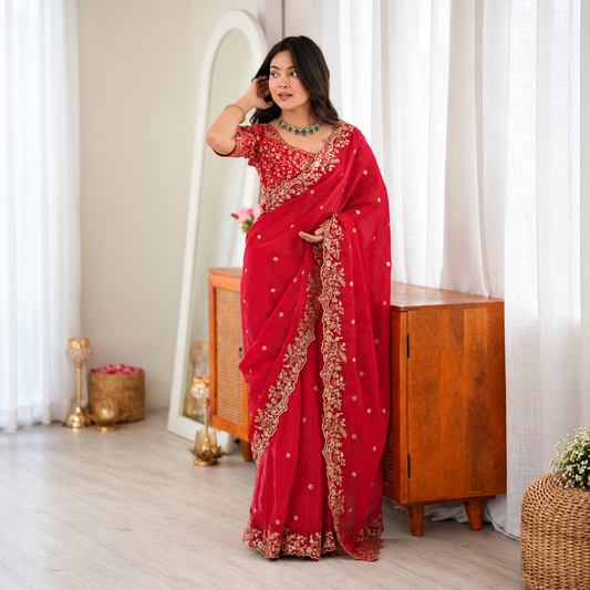 Heavy Fendy Silk Thread & Sequin Embroidered Saree Set