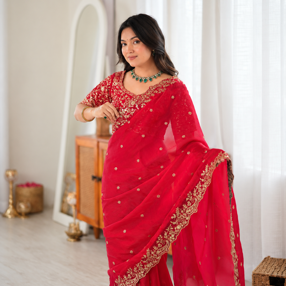 Heavy Fendy Silk Thread & Sequin Embroidered Saree Set