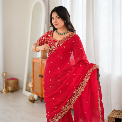 Heavy Fendy Silk Thread & Sequin Embroidered Saree Set