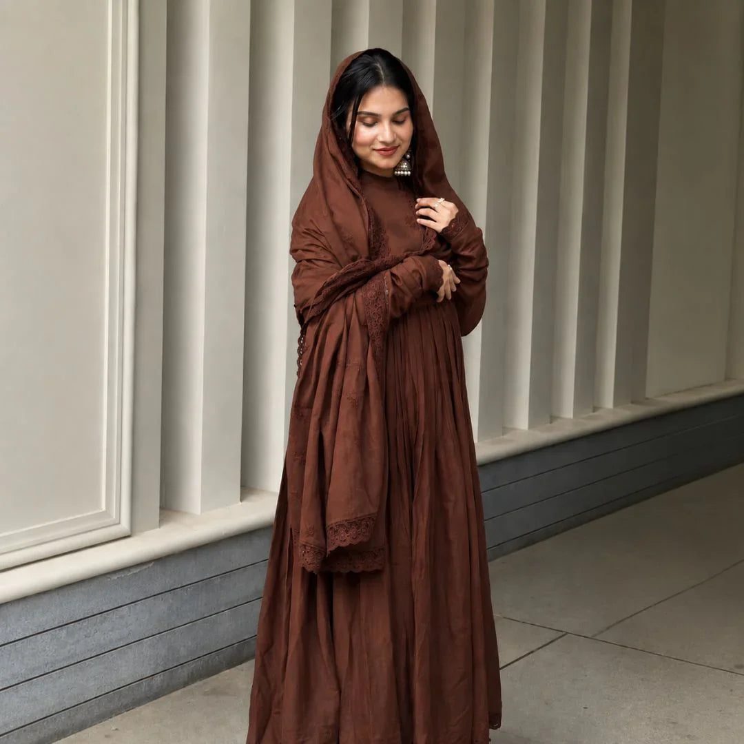 Premium Roman Silk Embroidered Gown with Cut-Work Dupatta Set