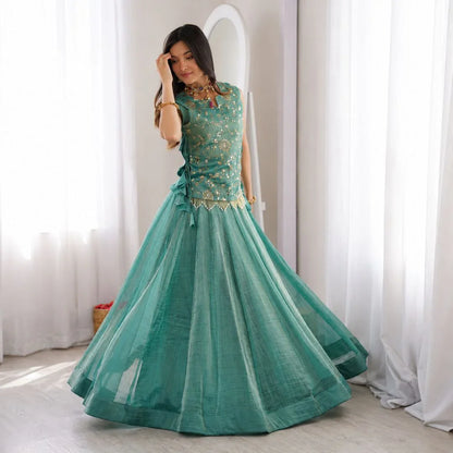 Premium Salsa Crush Lehenga Set with Embroidered Pearl-Lace Koti