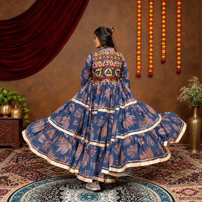 Indo-Western Navratri Ruffle Shrug, Mirror Blouse & Embroidered Denim Jeans 3-Piece Set