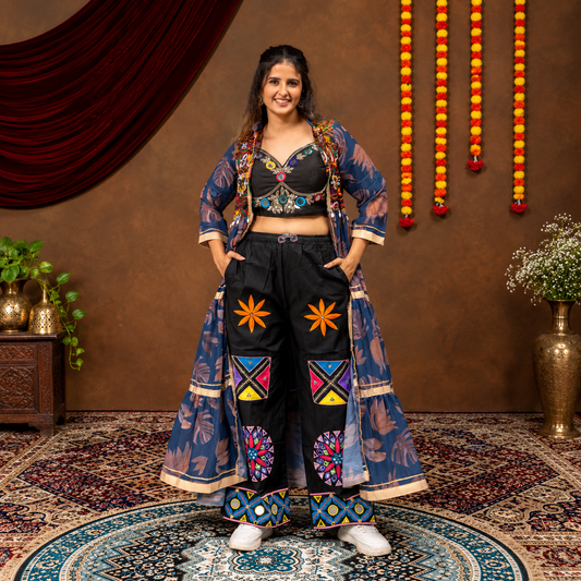 Indo-Western Navratri Ruffle Shrug, Mirror Blouse & Embroidered Denim Jeans 3-Piece Set