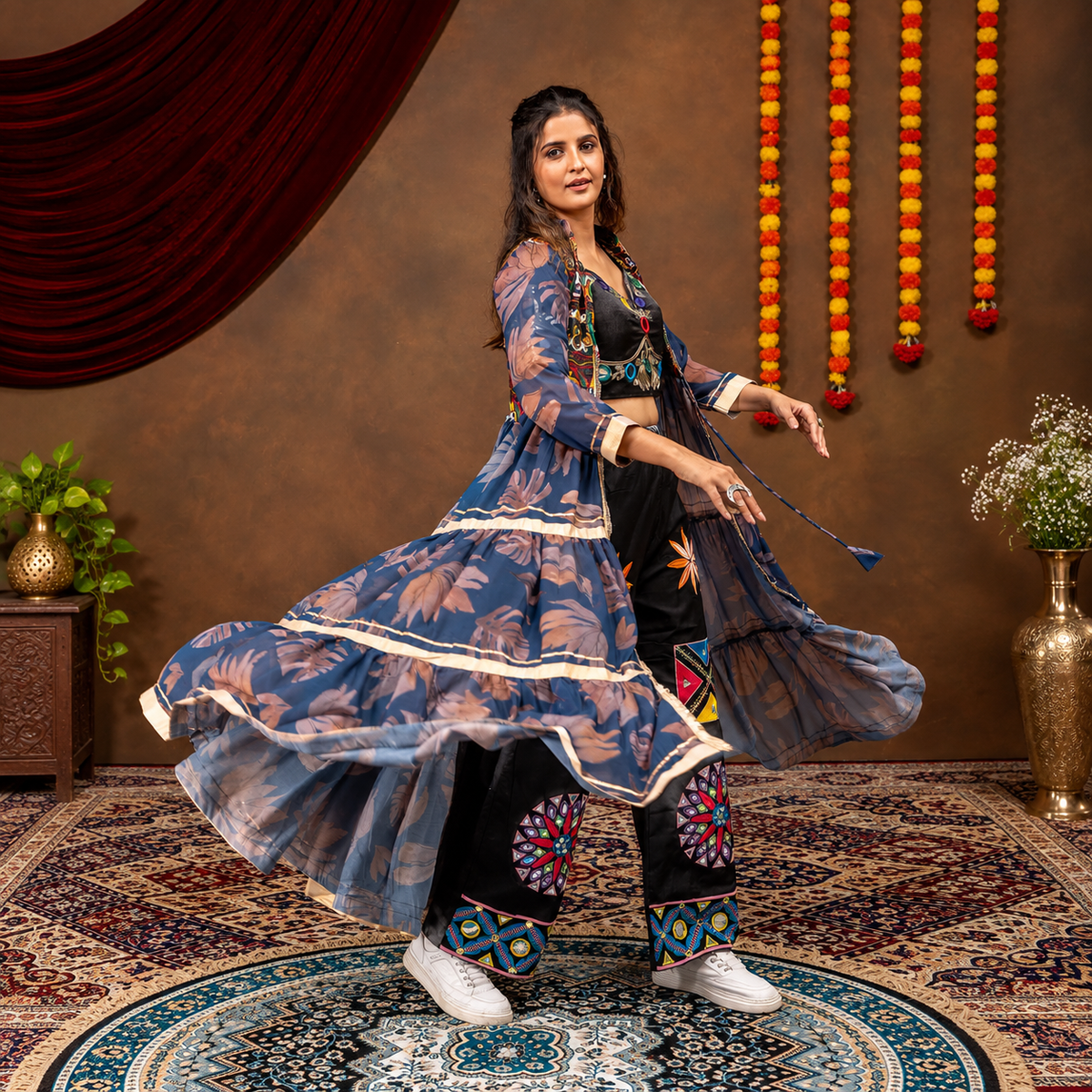 Indo-Western Navratri Ruffle Shrug, Mirror Blouse & Embroidered Denim Jeans 3-Piece Set