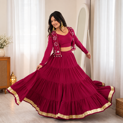 9-Meter Grand Flare Heavy Rayon Lehenga with Embroidered Mirror Work Koti & Blouse Set