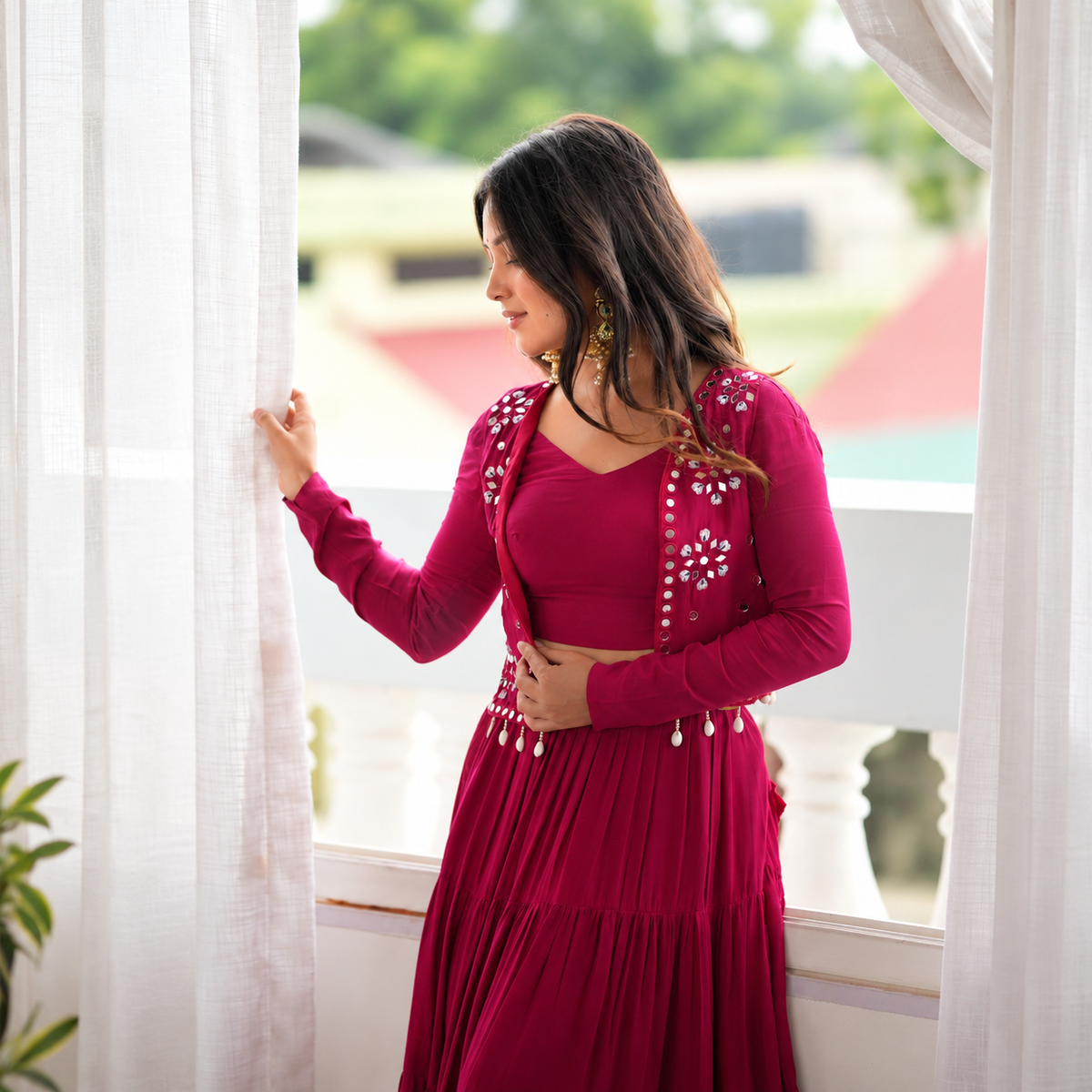 9-Meter Grand Flare Heavy Rayon Lehenga with Embroidered Mirror Work Koti & Blouse Set