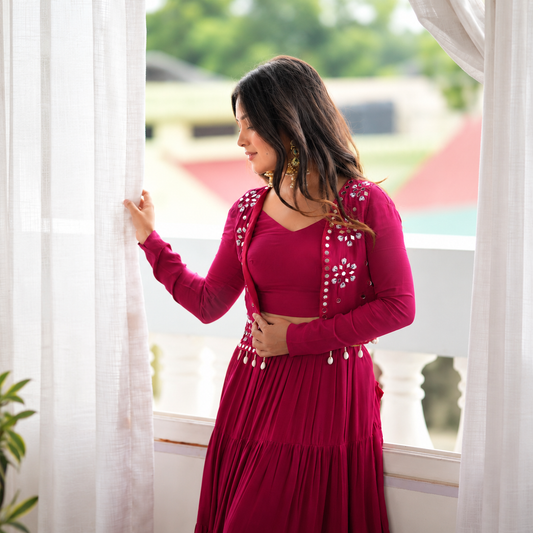 9-Meter Grand Flare Heavy Rayon Lehenga with Embroidered Mirror Work Koti & Blouse Set