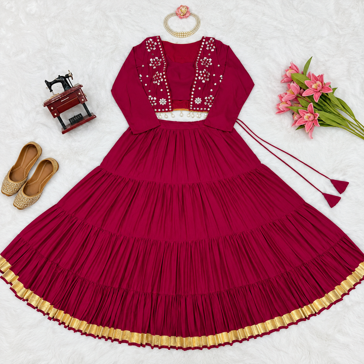 9-Meter Grand Flare Heavy Rayon Lehenga with Embroidered Mirror Work Koti & Blouse Set