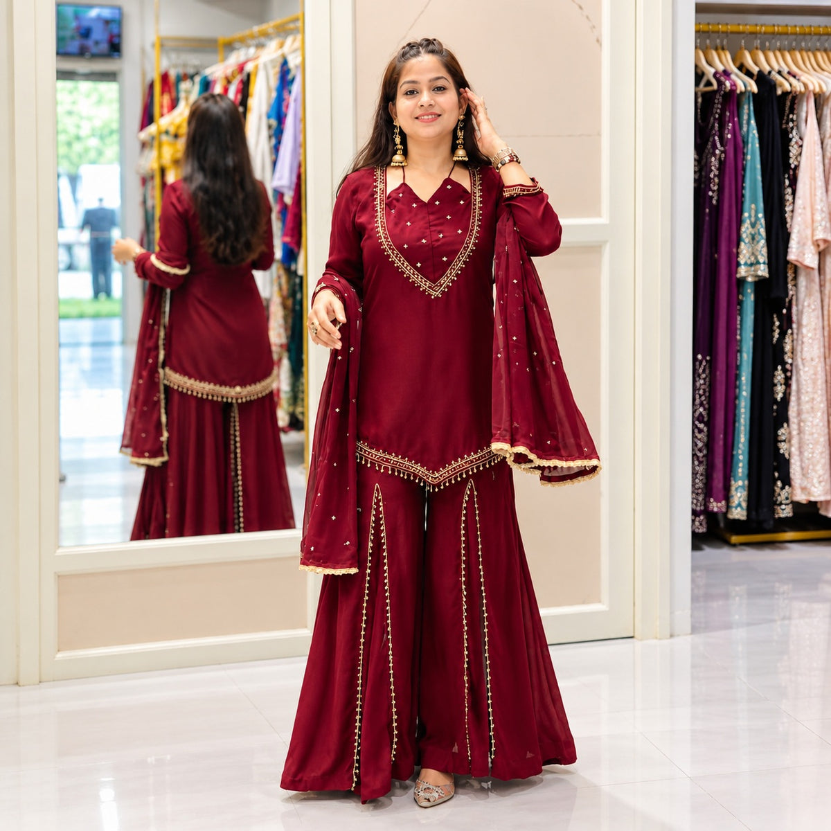 Roman Glass Kurti & Palazzo Set with Moti Lace Chanderi Silk Dupatta