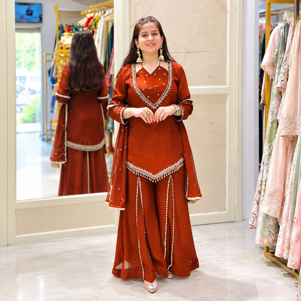 Roman Glass Kurti & Palazzo Set with Moti Lace Chanderi Silk Dupatta