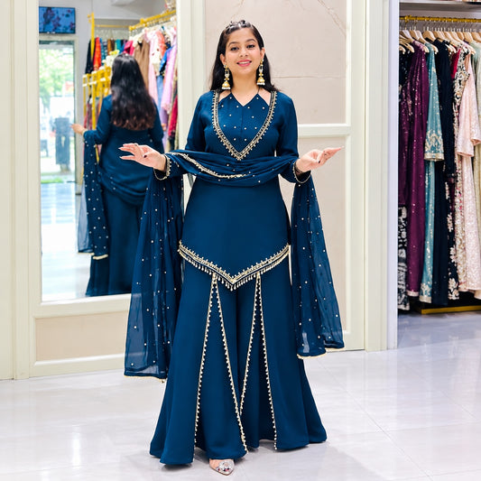 Roman Glass Kurti & Palazzo Set with Moti Lace Chanderi Silk Dupatta