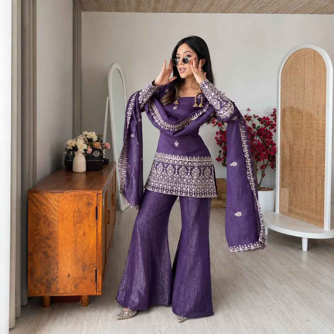 Premium Crunchy Silk Embroidered Kurta & Bell-Bottom Pant Set