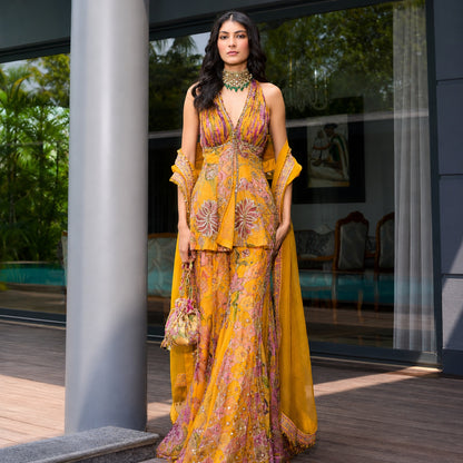 AAVRIKA | Premium Organza Short Kurti & Sharara Set with Real Mirror Work